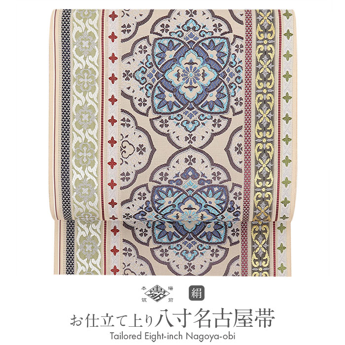 正絹 名古屋帯♪ 八寸 一松に蔦文様 金通し ベージュ 茶系 カジュアル