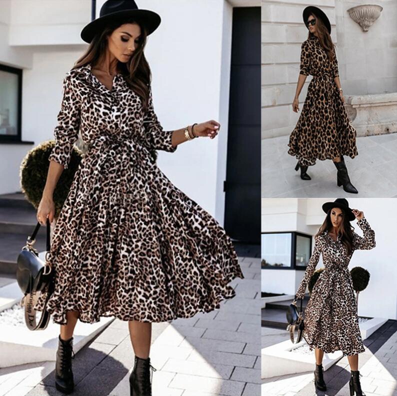 楽天市場】ヒョウ柄ドレス ロング丈 ヒョウ柄ワンピース Vネック 長袖
