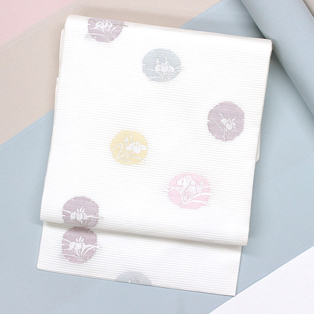 楽天市場】正絹・夏名古屋帯／絽 白地/菖蒲 nagoyaobi-s58【おしゃれ帯