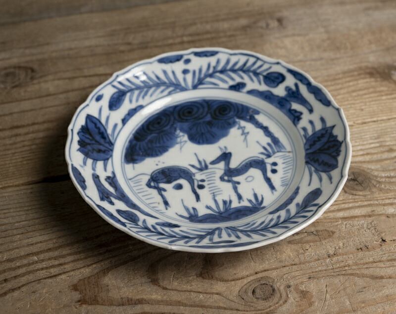 楽天市場】中国古玩 | 唐物○青花鹿文輪花型皿○兜型皿 | 清朝後期頃
