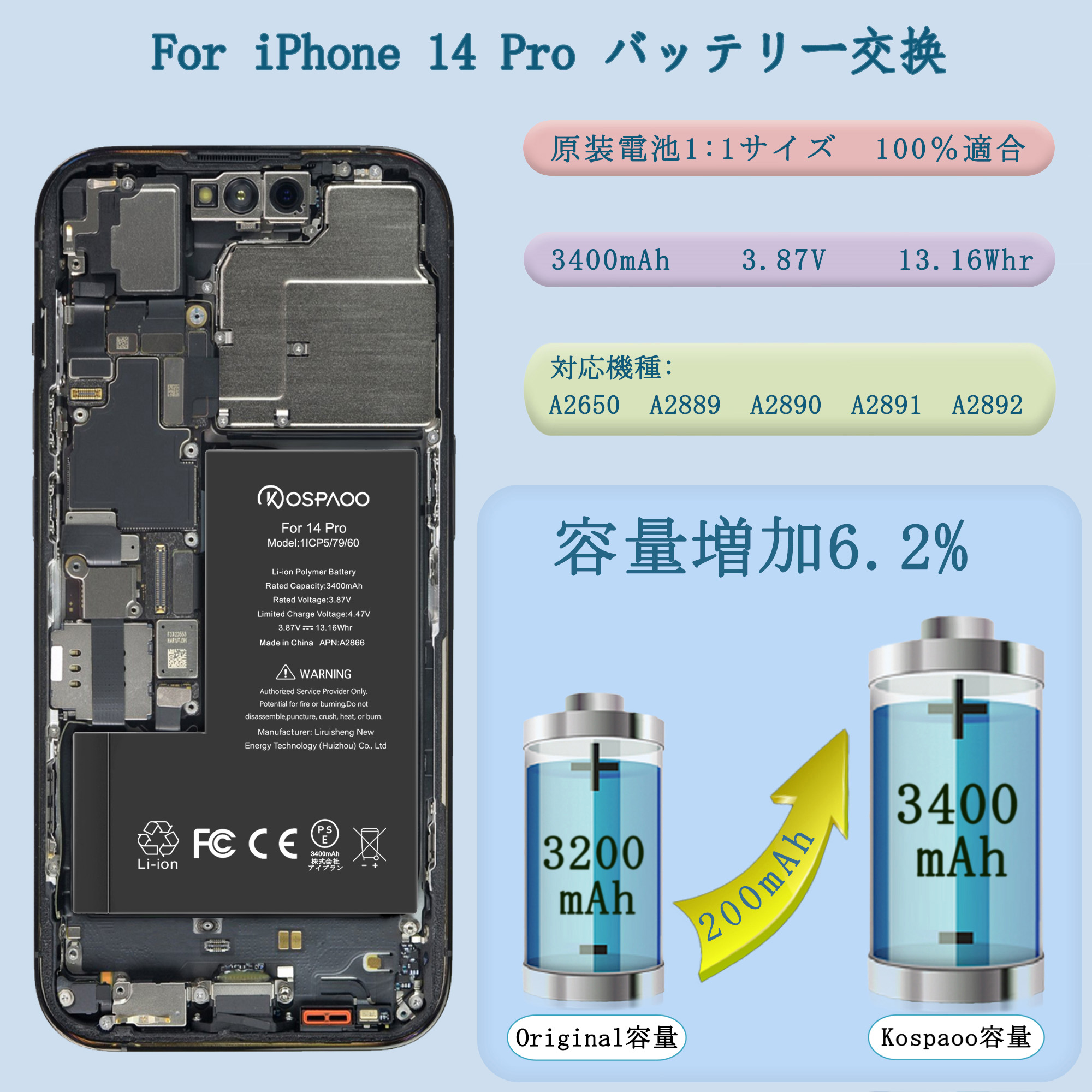 楽天市場】KOSPAOO for iPhone 14 Pro バッテリー 交換 大容量3400mAh