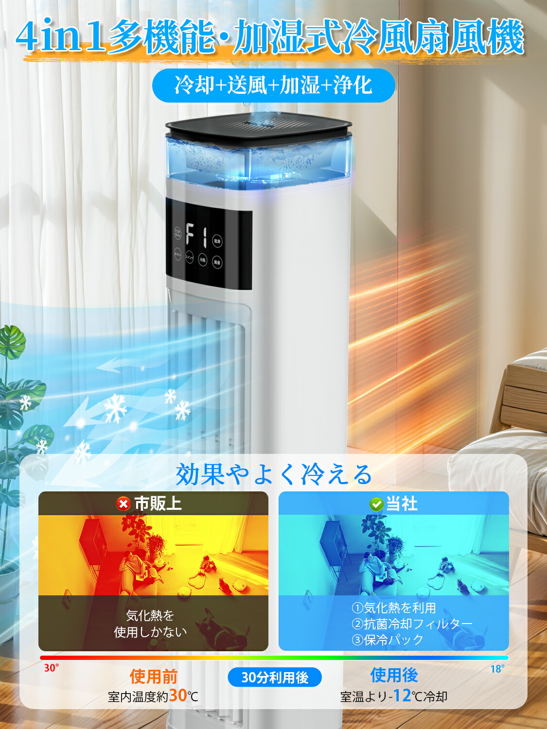 楽天市場】冷風扇 冷風機 タワーファン 扇風機 加湿 1台2役 強力送風