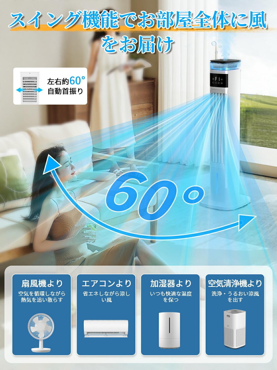 楽天市場】冷風扇 冷風機 タワーファン 扇風機 加湿 1台2役 強力送風
