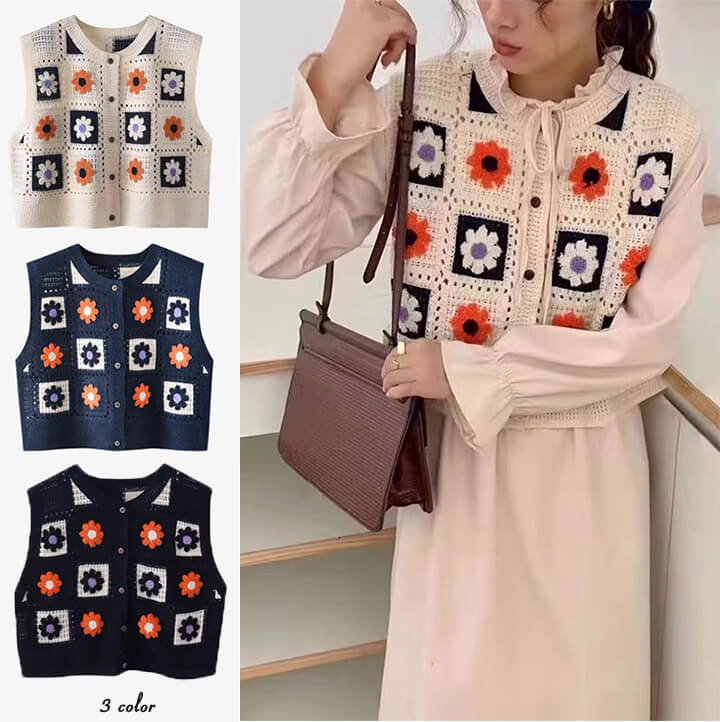 楽天市場】2A36 かぎ針編み ベスト 花柄 刺しゅう ニットベスト花の