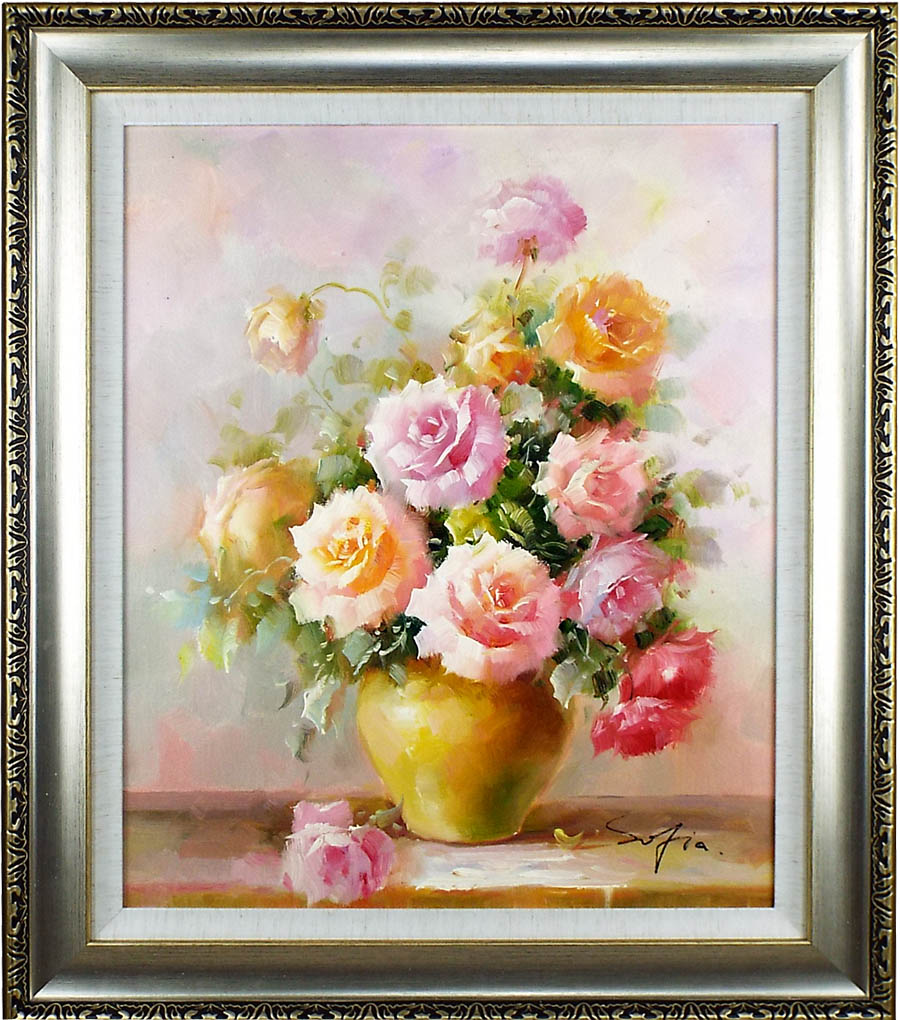 油絵 菅家令子 絵 絵画 インテリア 額付(白) uF6-071002 ばら 花 絵画