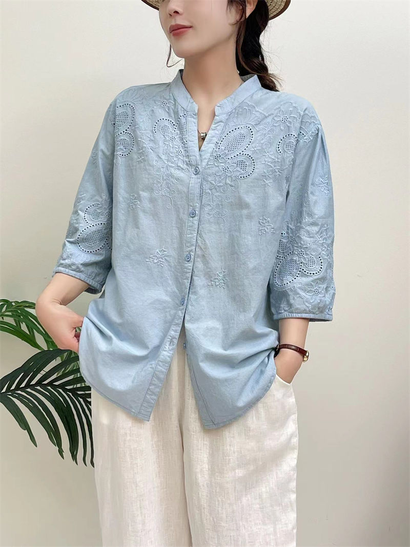 楽天市場】綿100 シャツ ブラウス 刺繍シャツ 花柄 ホワイトシャツ 夏