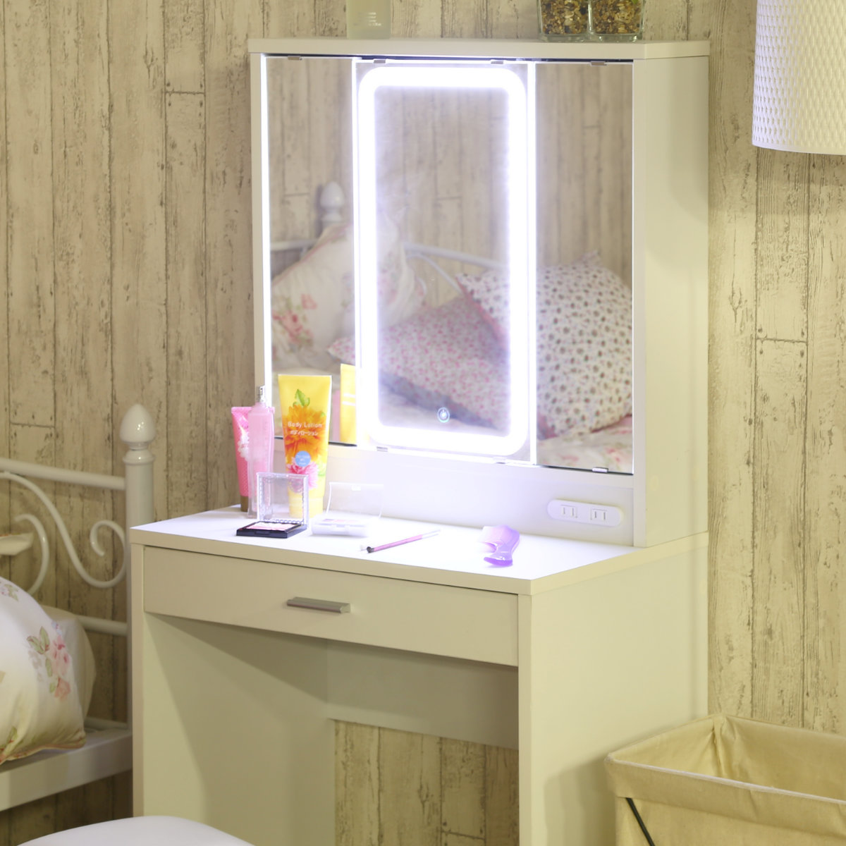 楽天市場】ドレッサー 三面鏡 鏡台 収納 LEDライト付 （ スツール付