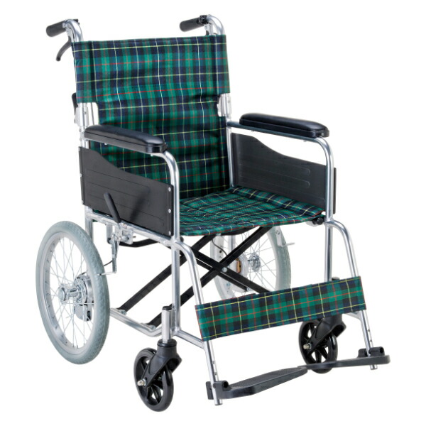楽天市場】車いす アルミ製 介助式 背折れタイプ 緑チェック 座面幅