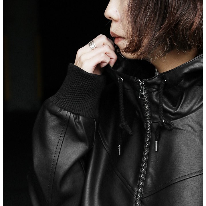 楽天市場】ブルゾン ロング丈 PUレザー ジャケット ハイネックフード
