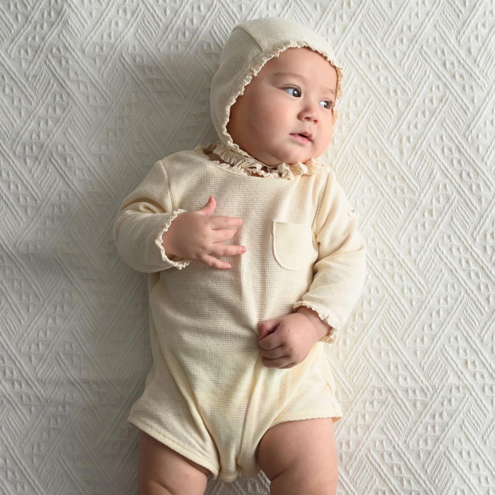 楽天市場】ワッフル ロンパース ボンネット付き 綿100% 無地 シンプル