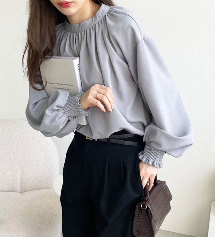 楽天市場】ハイネックギャザーバルーンスリーブブラウス レディース 秋