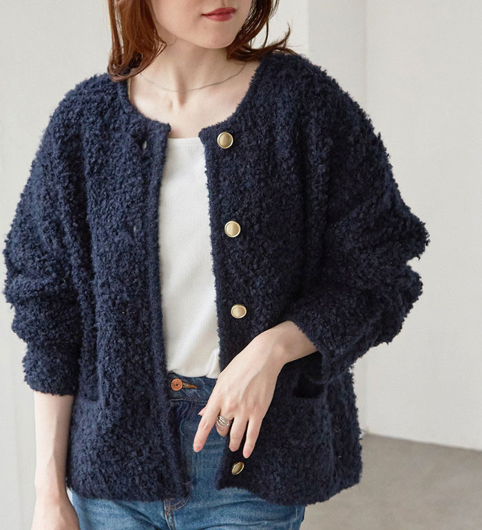 楽天市場】ゴールド調ボタンループ編みニットジャケット レディース 秋