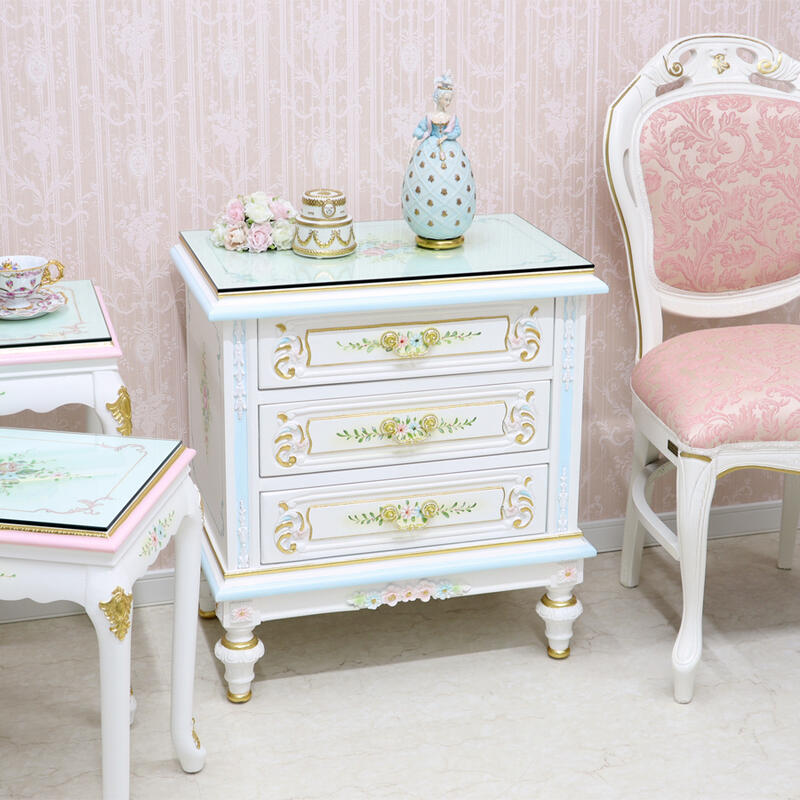 楽天市場】ガラス天板付き サイドチェスト ブルーラインロココ