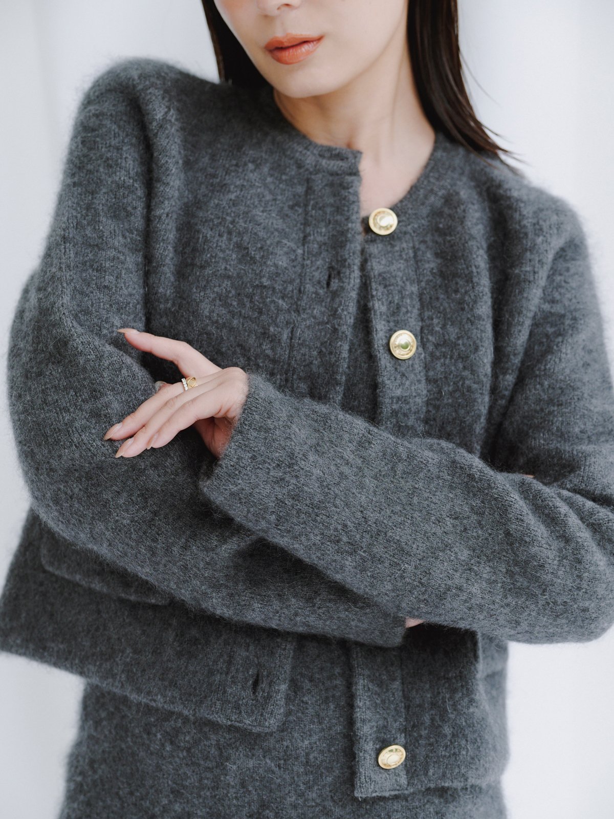 anuans｜カシミヤブレンドノーカラーニットジャケット | Rakuten