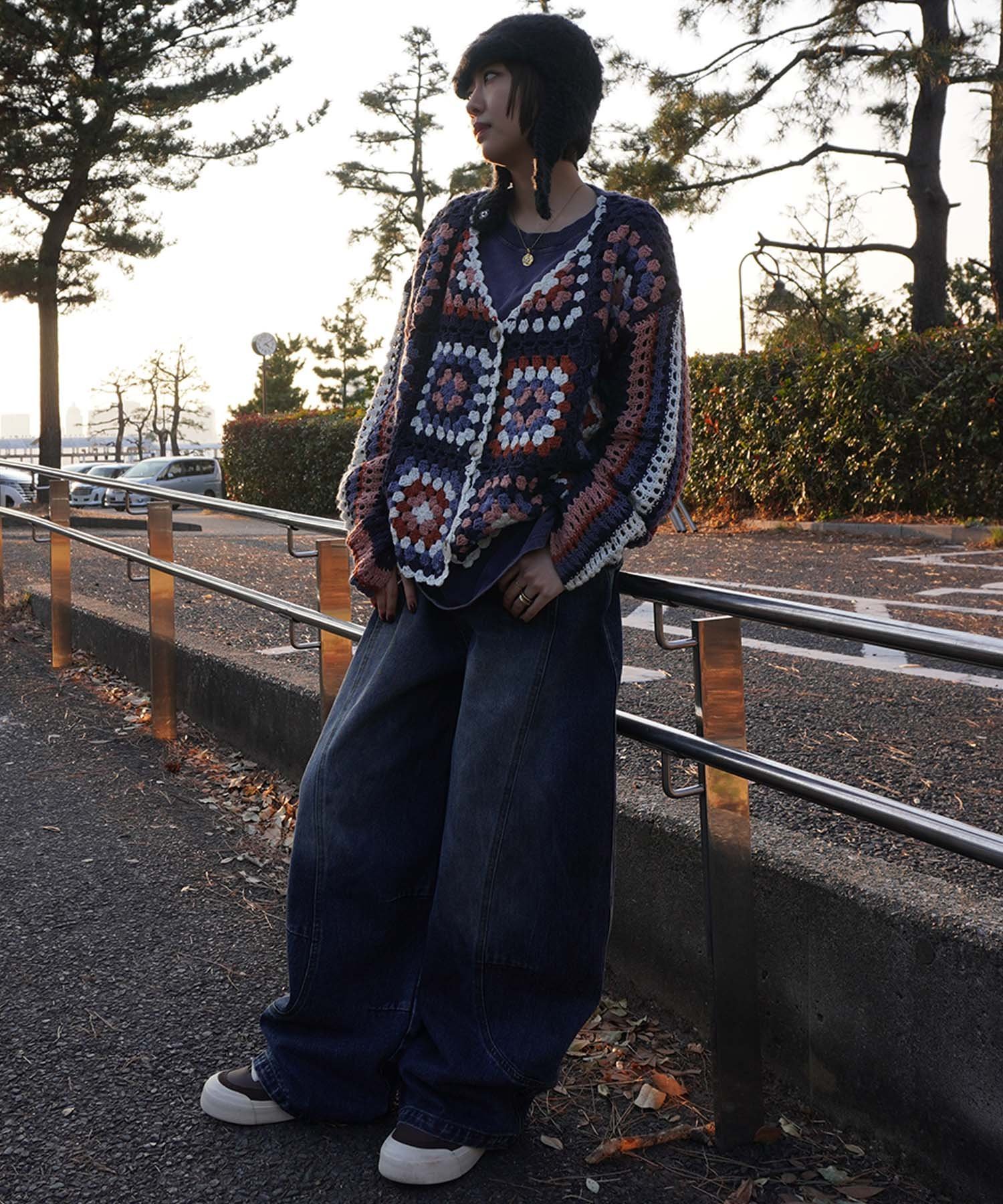 BQKO クロシェ ニット ラグ ビンテージ オープンウェーブ ストライプ