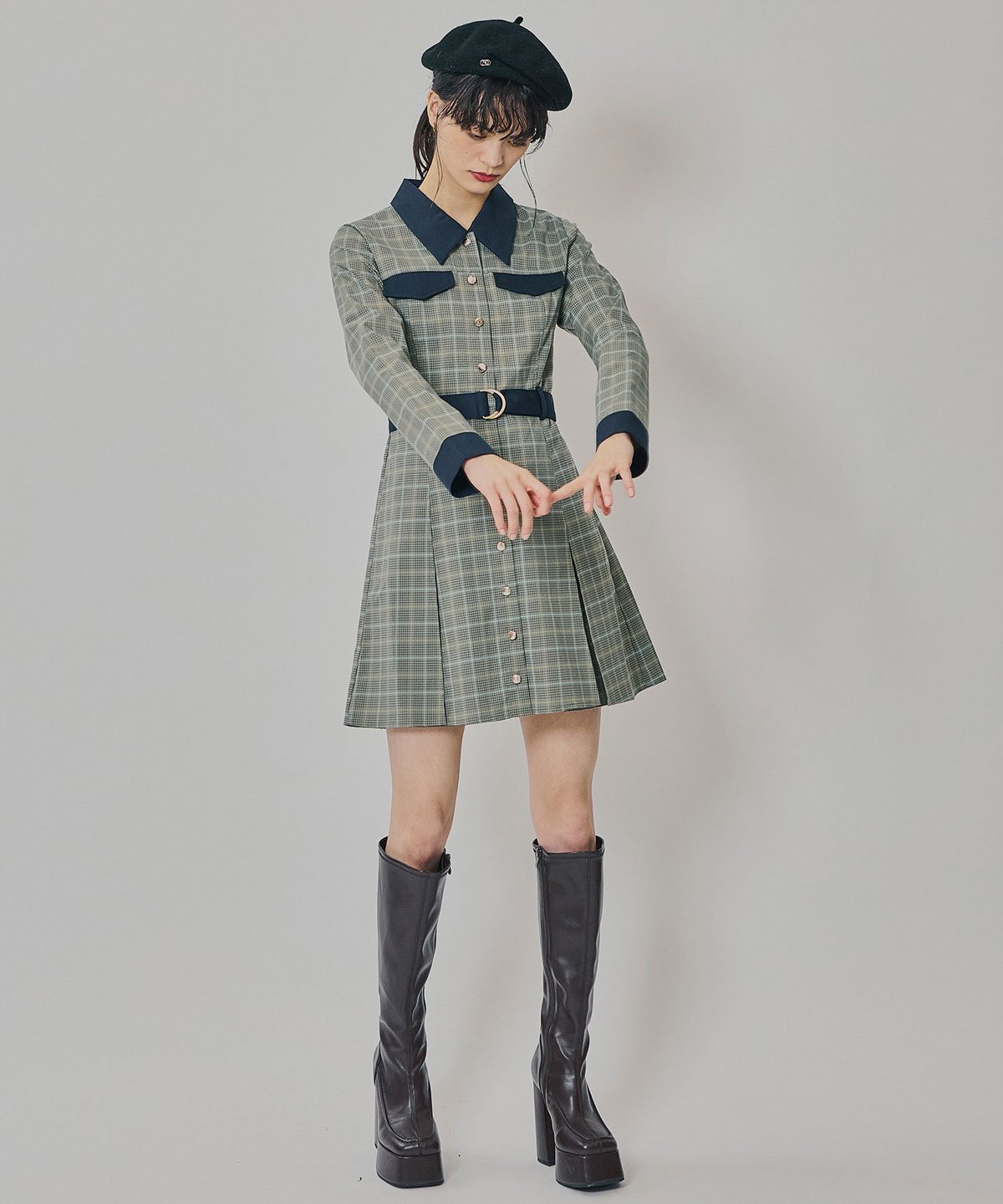 REDYAZEL｜バイカラーチェックボックスプリーツシャツミニワンピース