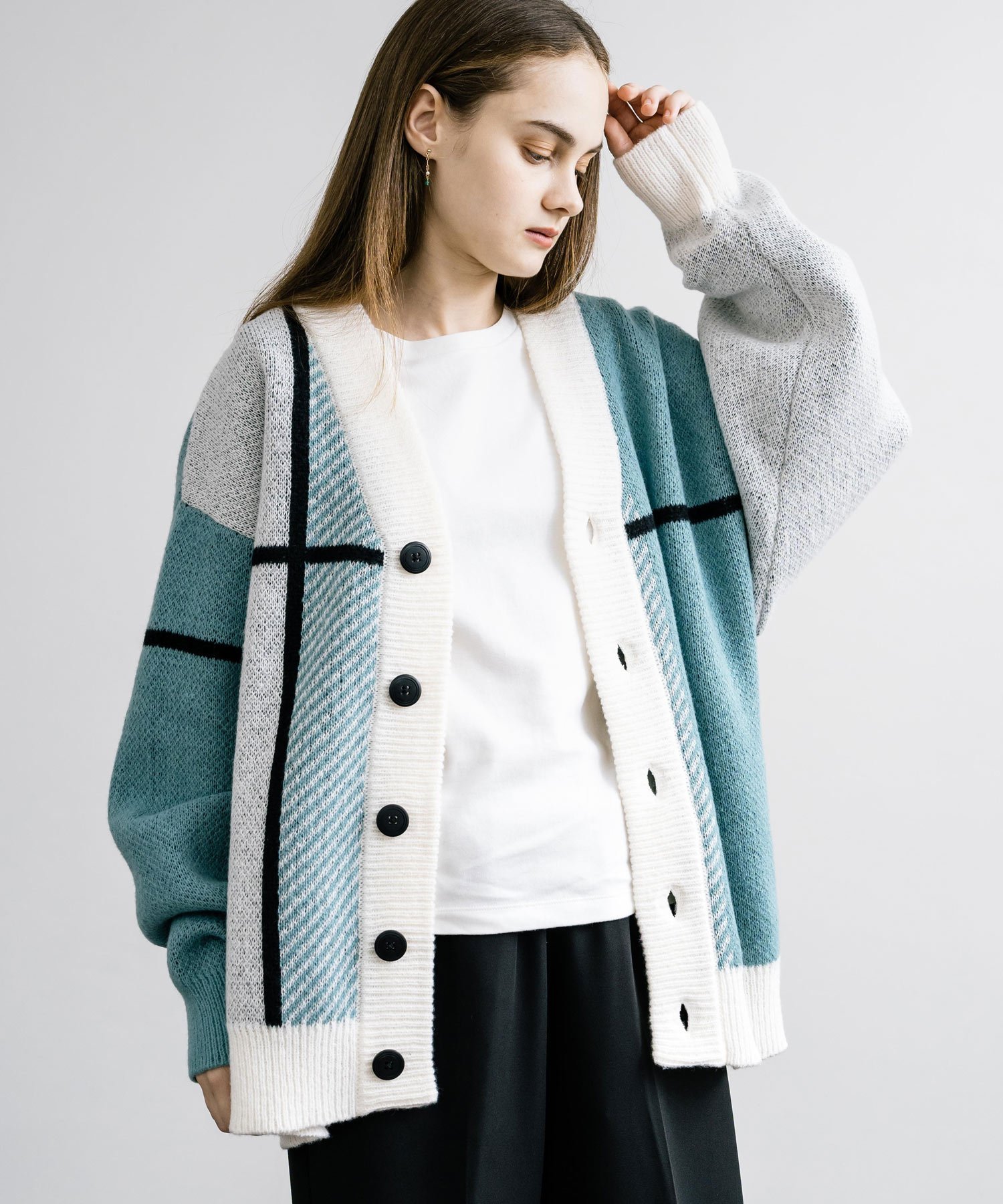 Rocky Monroe｜オーバーサイズ 7Gクロスチェック柄Vネックカーディガン