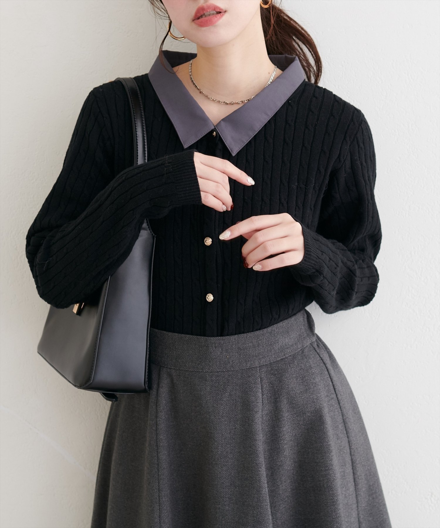 natural couture｜レイヤード風衿付きケーブルカーディガン | Rakuten