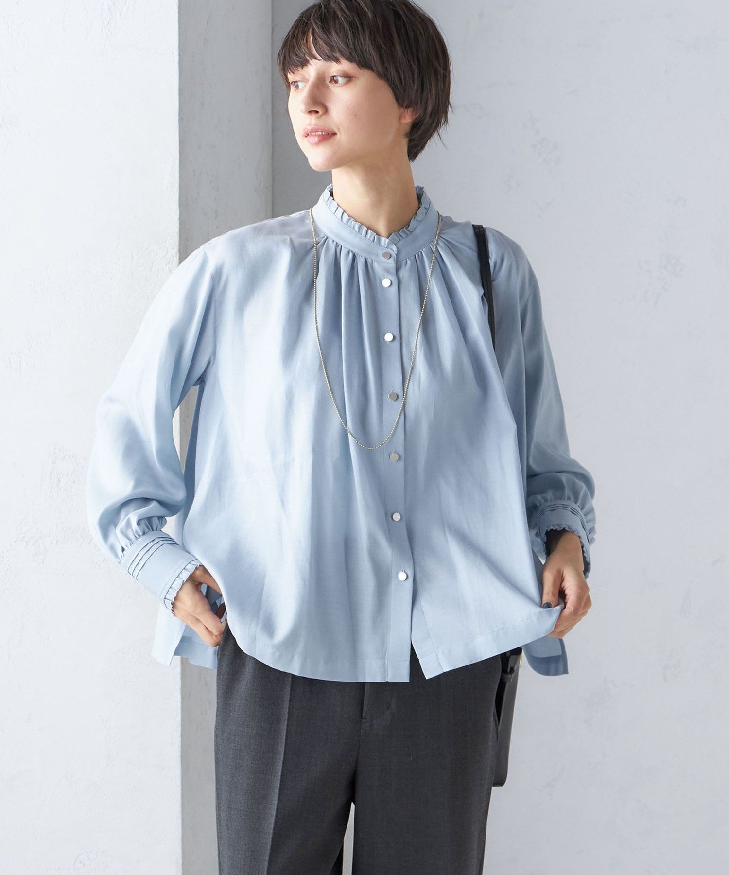 スキッパーネックフロントギャザーブラウス セール】スキッパーネックフロントギャザーブラウス（シャツ/ブラウス