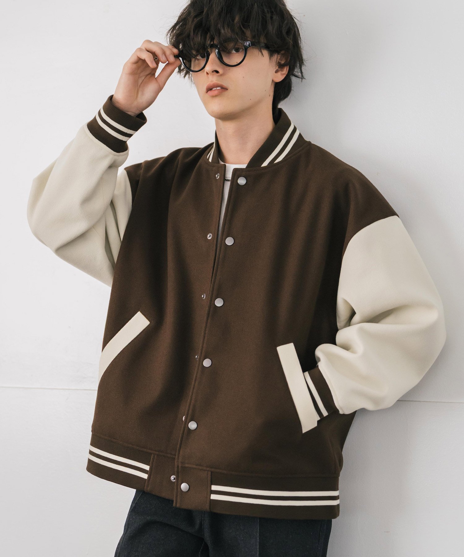 Rocky Monroe｜オーバーサイズテックメルトン/PUレザー切替スタジャン