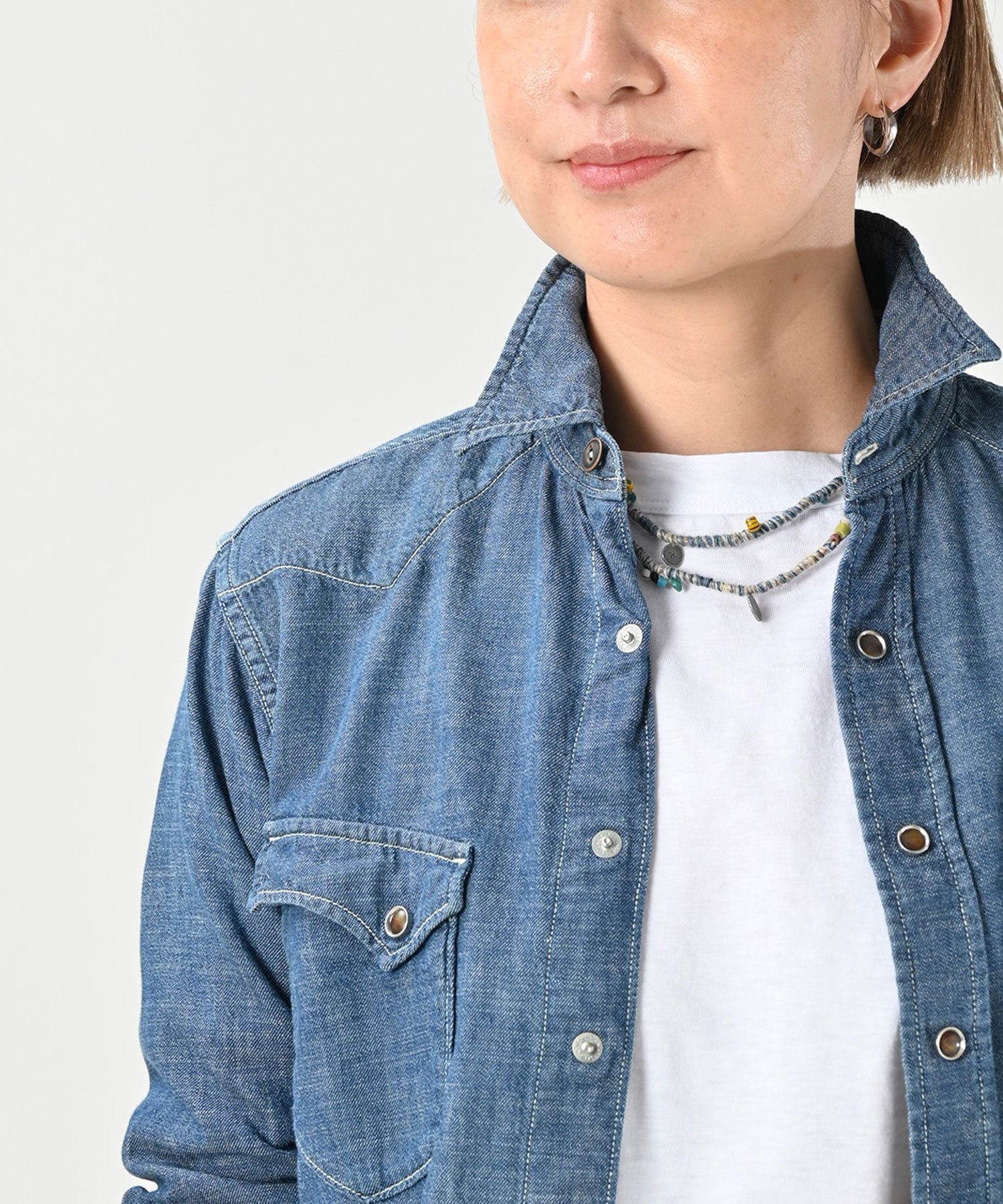 45R 瑠璃ダンガリーデニムのボウタイクッペシャツ（加工） 45R｜瑠璃