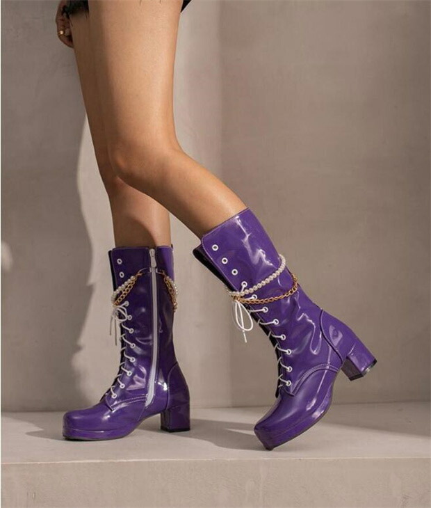 楽天市場】ロングブーツ 編み上げ ヒール5.5センチ 太ヒール ブーツ