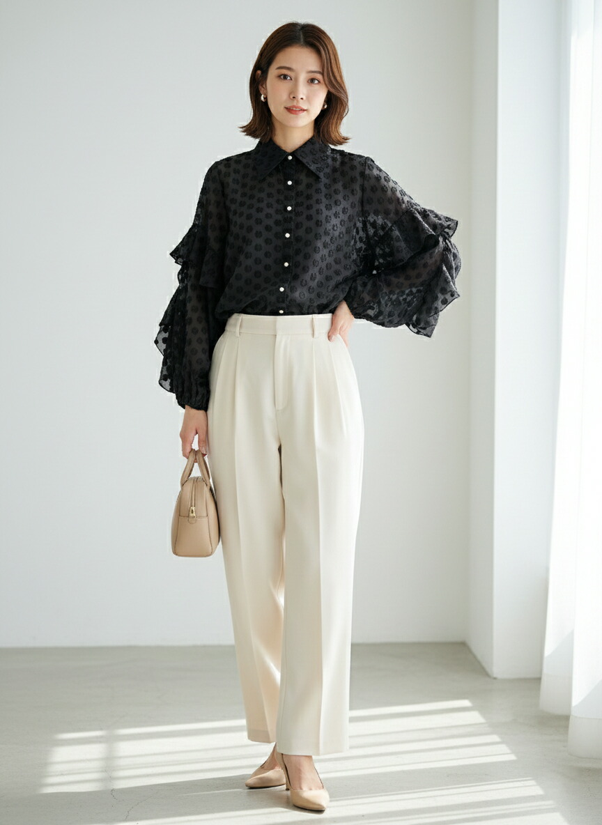 楽天市場】シャツ 長袖 フリル レディース シアーシャツ ドット ドット