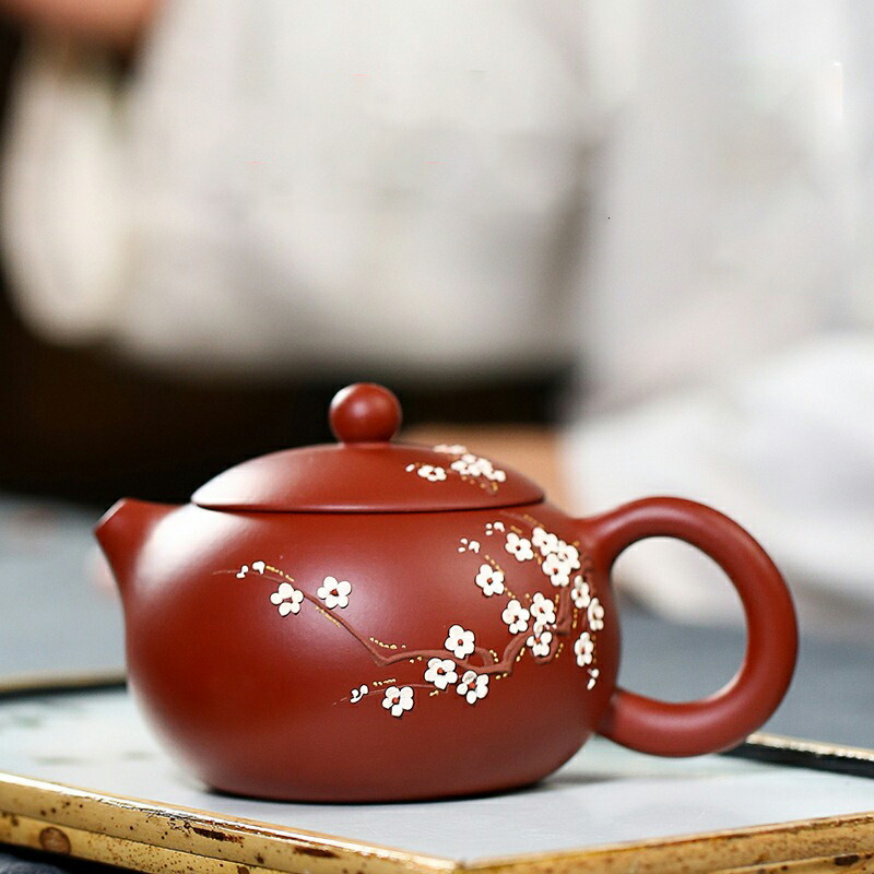 朱泥急須 漢詩山水紋刻 後手急須 煎茶道具 紫砂壷 茶壺 茶器 唐物 紫砂