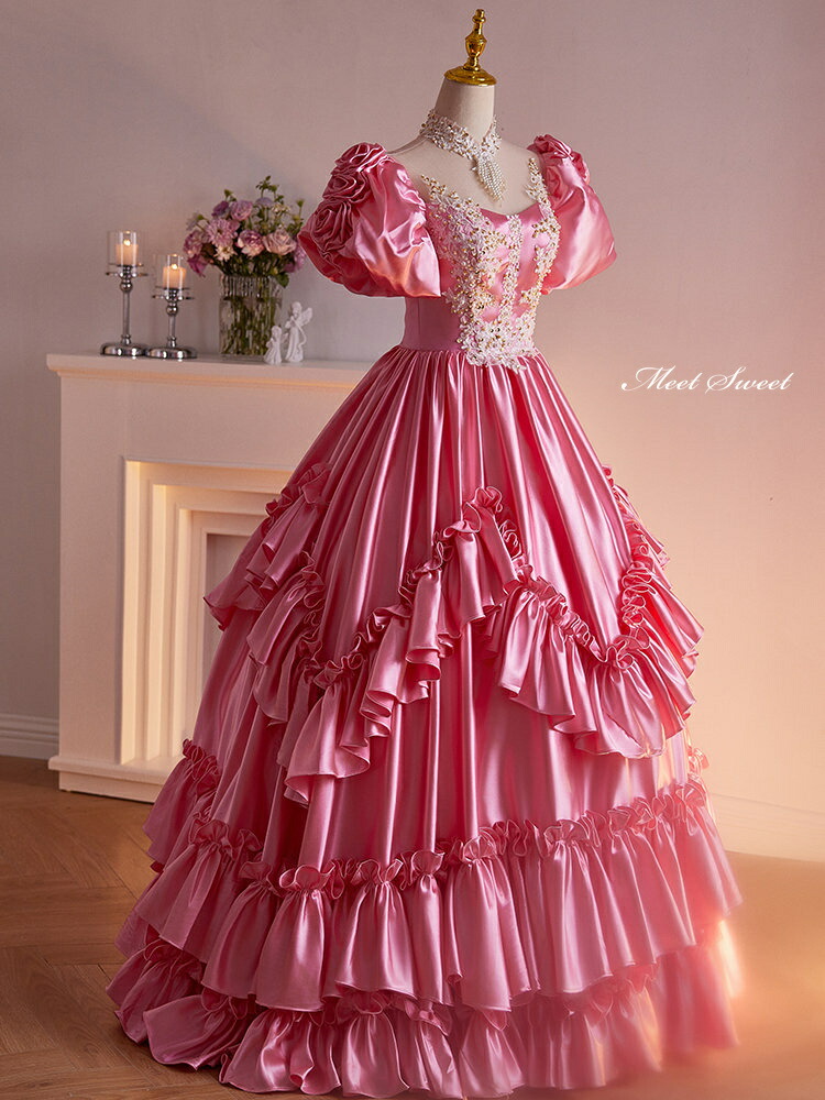 楽天市場】カラードレス プリンセスドレス ローズピンク フリル 昭和風