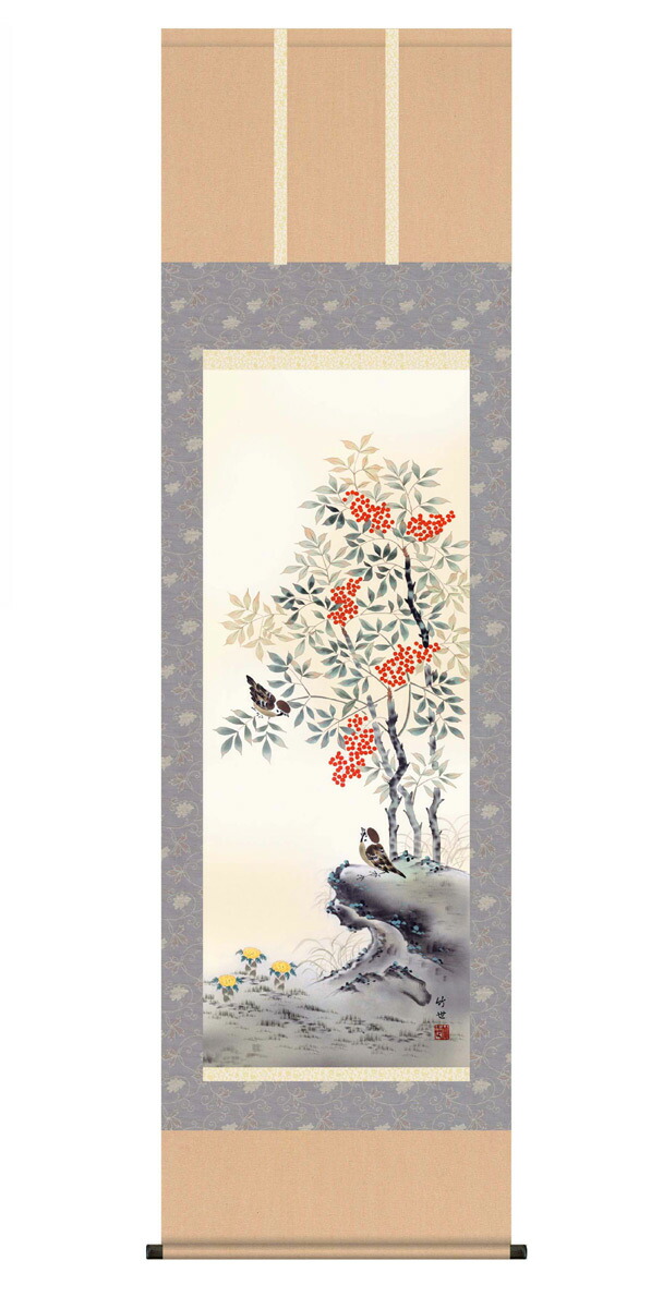 掛軸 奥田吟水 水仙に雀 共箱 花鳥図 掛軸 奥田吟水 水仙