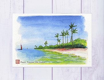 楽天市場】ハワイの海辺( ヨット ビーチ ヤシの木 水彩画 風景画