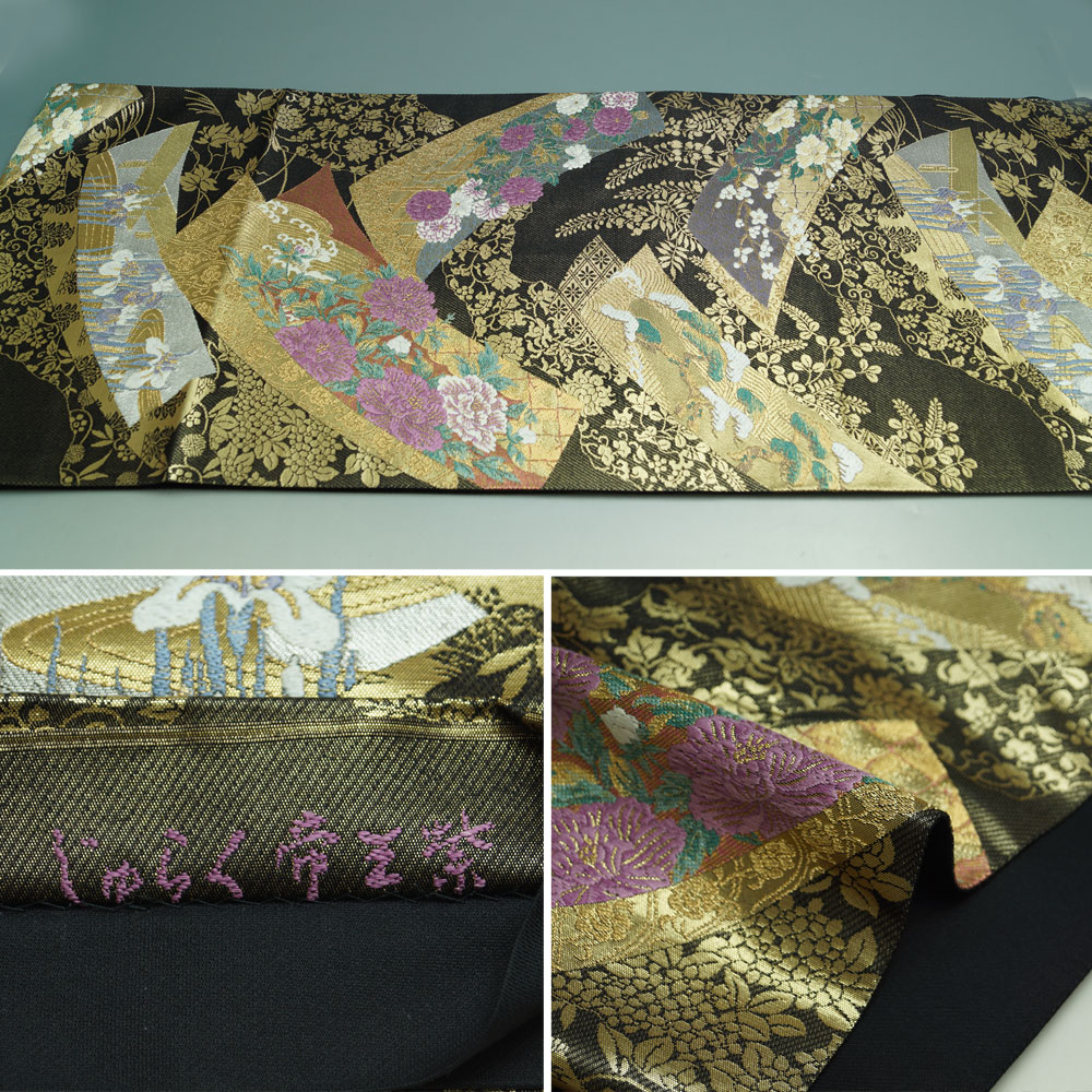 楽天市場】袋帯 じゅらく 帝王紫 短冊に春秋百花模様 黒色 金箔 金糸