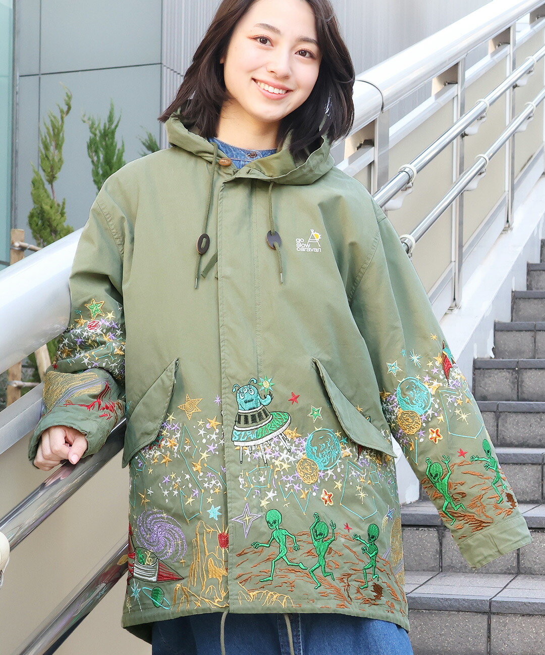 け298 Cooアルベロベロ 刺繍 フーディー コート カーキ ブタ 花