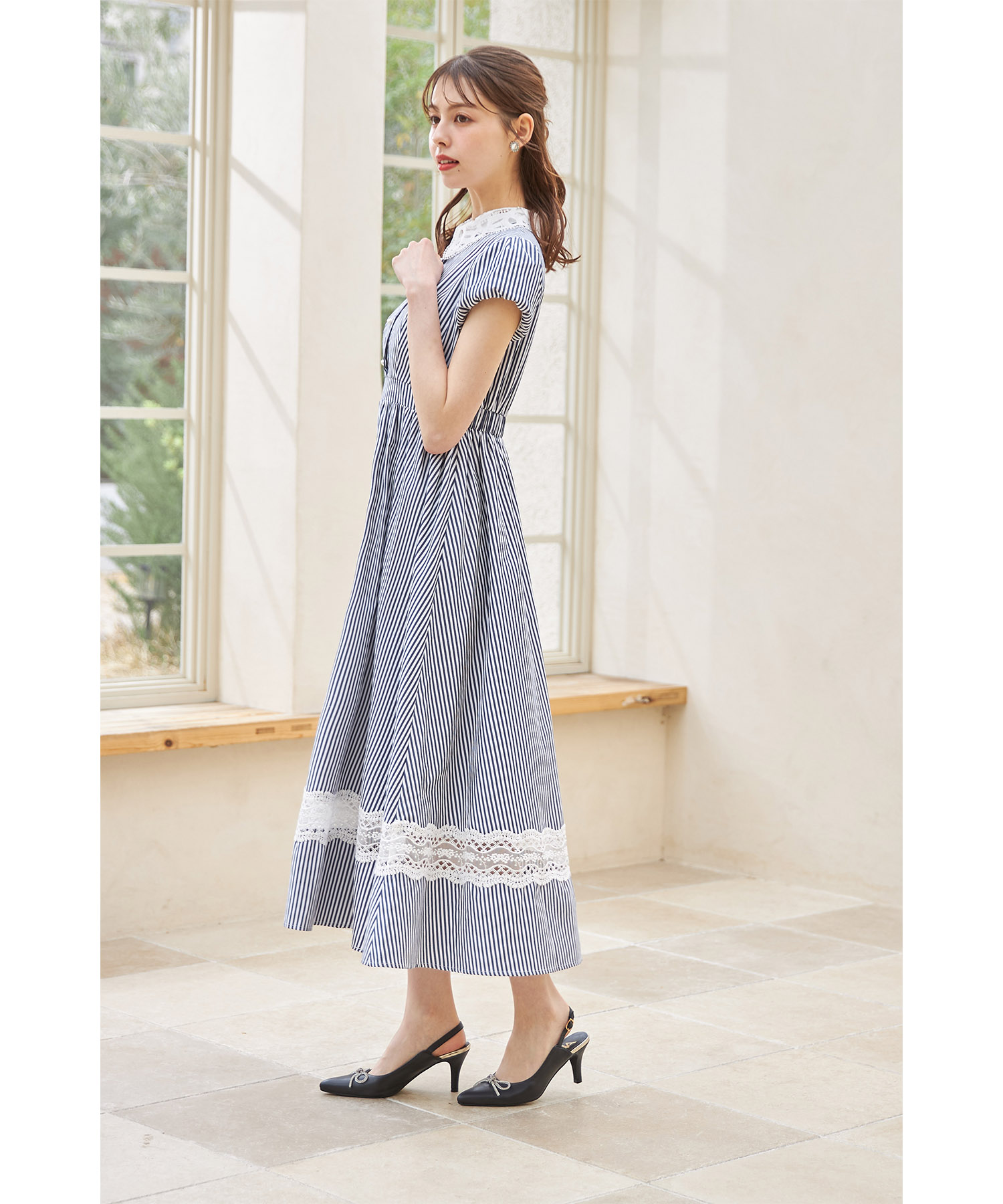 楽天市場】パール釦レース×ストライプシャツワンピース【fadisea