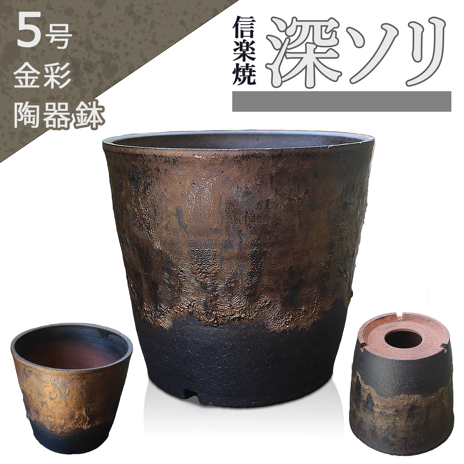 楽天市場】盆栽鉢 陶器 5号 深ソリ おしゃれ 専門店 金彩 黒 信楽焼