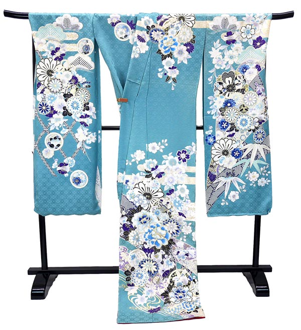 楽天市場】仕立て付き 正絹振袖フルセット32点 f-640 ターコイズブルー