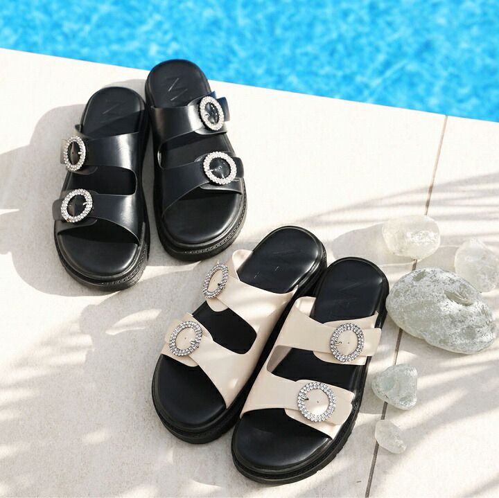 チヒャン ダブルビジューフラットサンダル スムースL JIHYANG