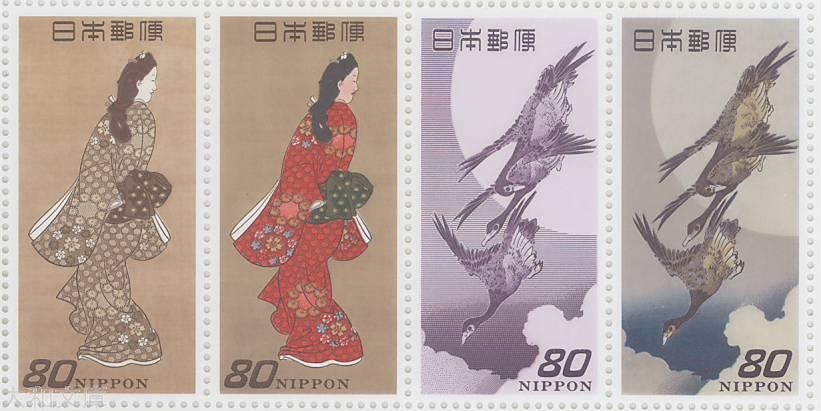 銭単位切手 見返り美人 月に雁 5面シート 2種とも糊落ち 14700円 銭