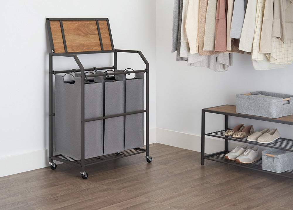 TRINITY | 3-Bag Laundry Cart | w/Flip-Up Top & Wheels | Dark Gray