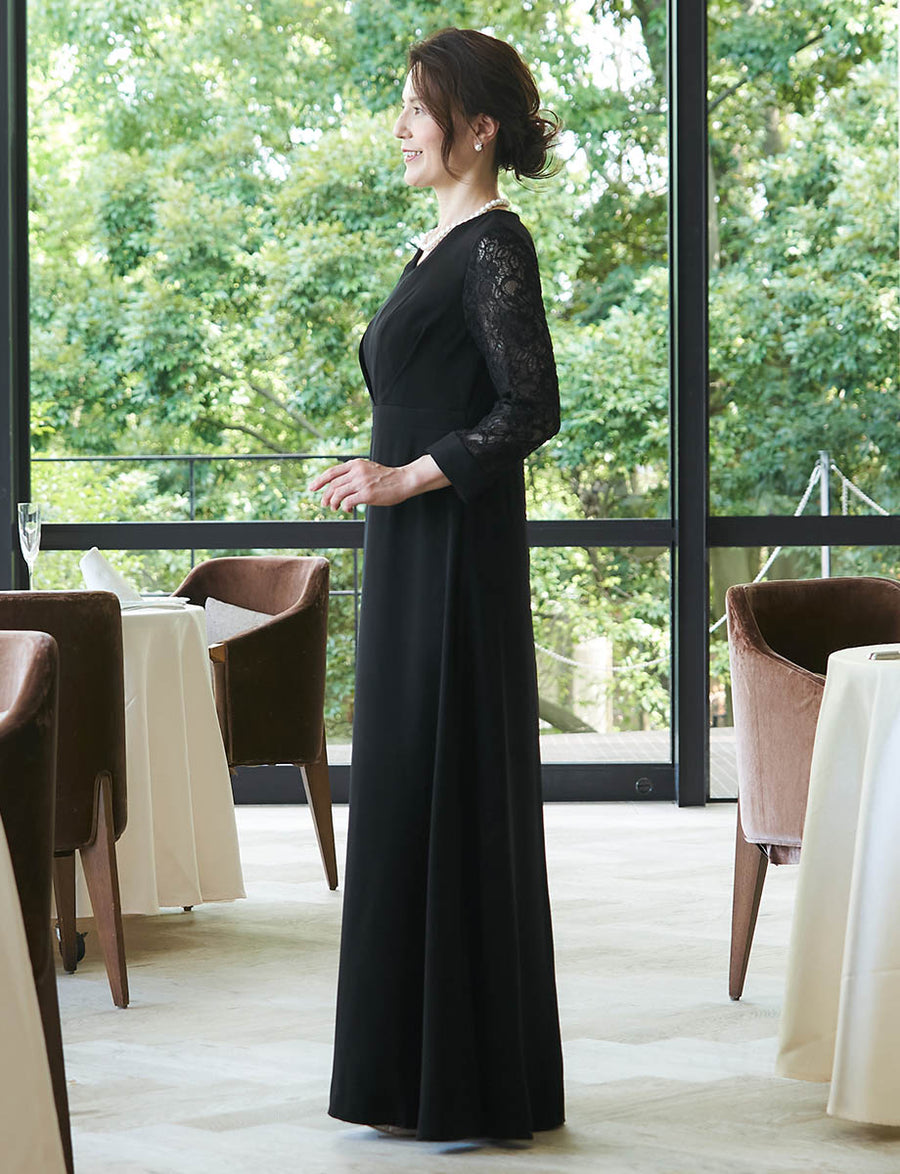 結婚式 母親ドレス ブラック・マザーズドレス レース袖付き MD0504-BK