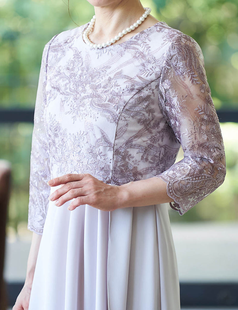 結婚式 母親ドレス グレーベージュ・マザーズドレス レース袖付き