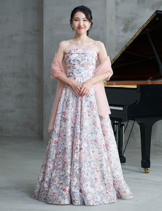 ベアトップロングドレス 花柄レース 演奏会用 アイボリー｜ツイード
