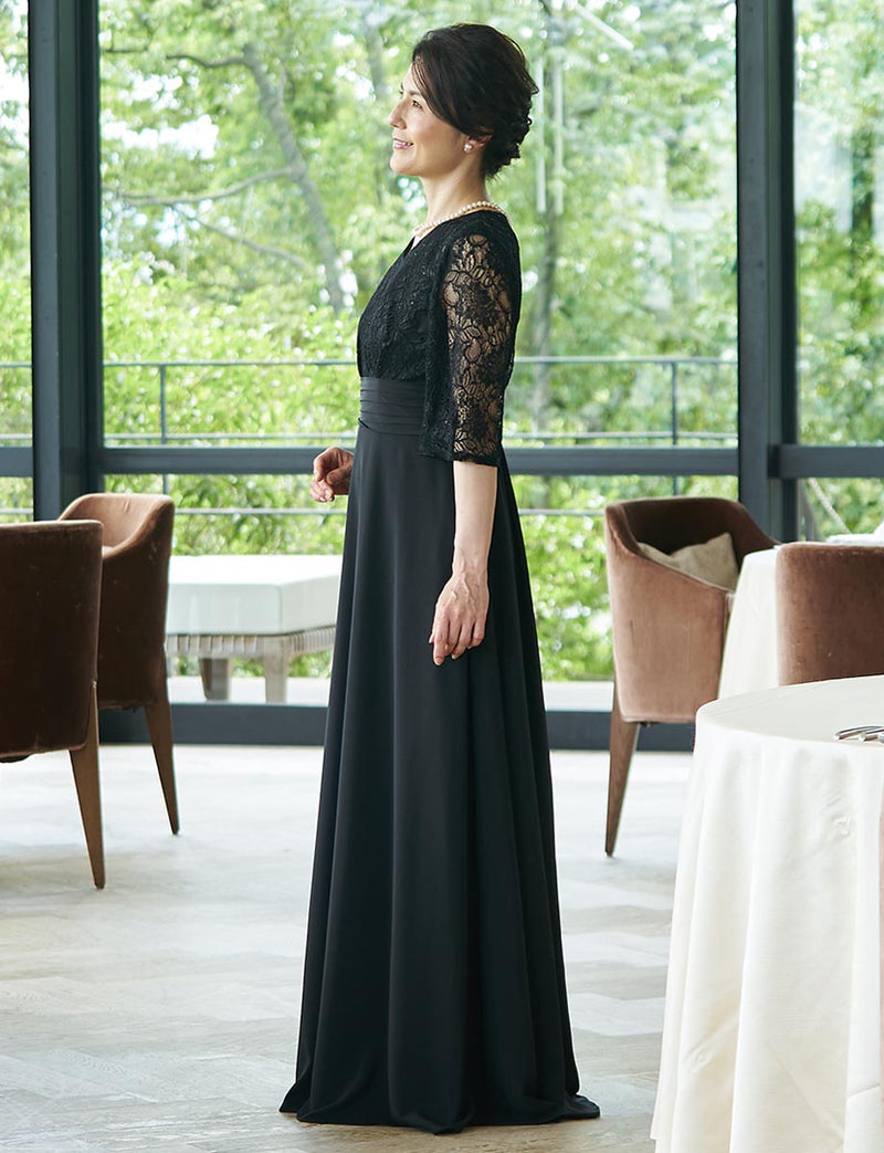 結婚式 母親ドレス・マザーズドレス MD0217-1-BK 黒 レース袖付き|新郎