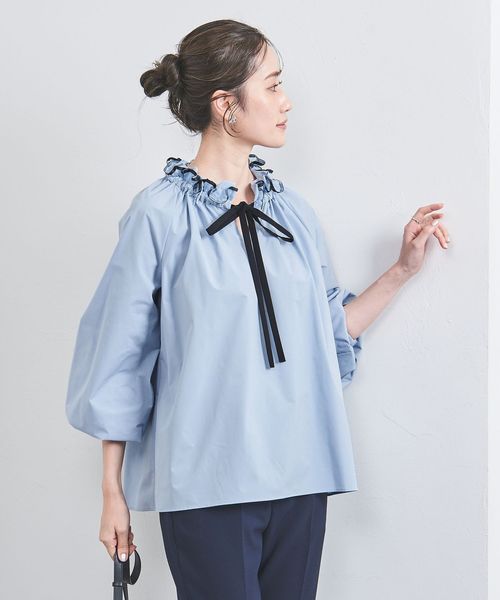 オーガンジーフリル バイカラーリボン ブラウス
