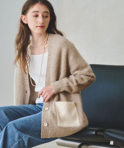 フォックスカシミヤ スパンコール ミドル カーディガン