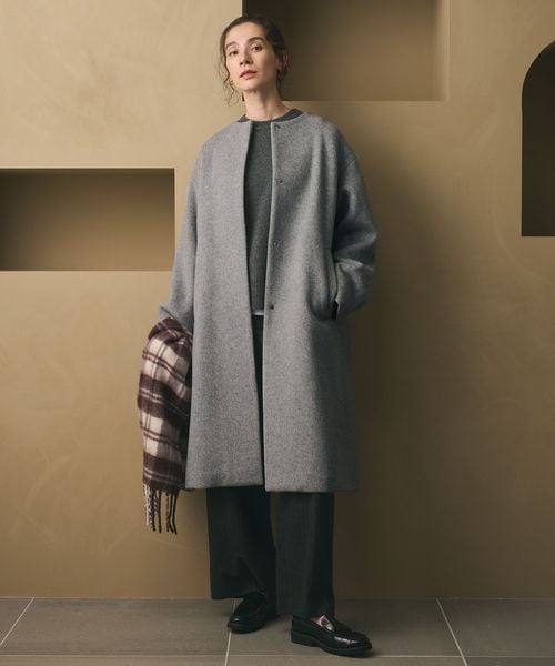 毛ナイロン ノーカラーコート