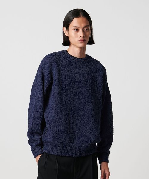 H＞バンプコットン ワイド クロップド クルーネックニット