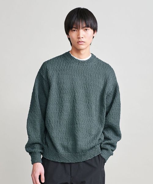 H＞バンプコットン ワイドクロップド クルーネックニット