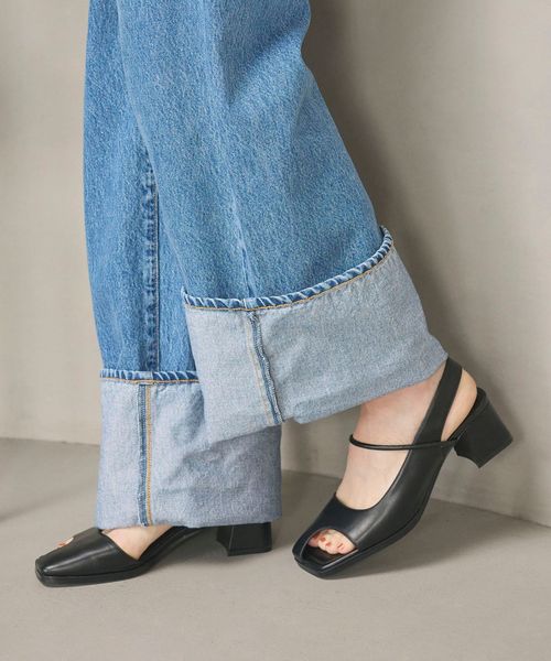 レザーライク オープントゥ バックストラップミュール