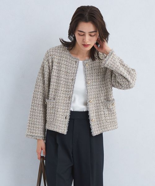 ミックス ツイード ノーカラー ニット ジャケット ―ウォッシャブル―